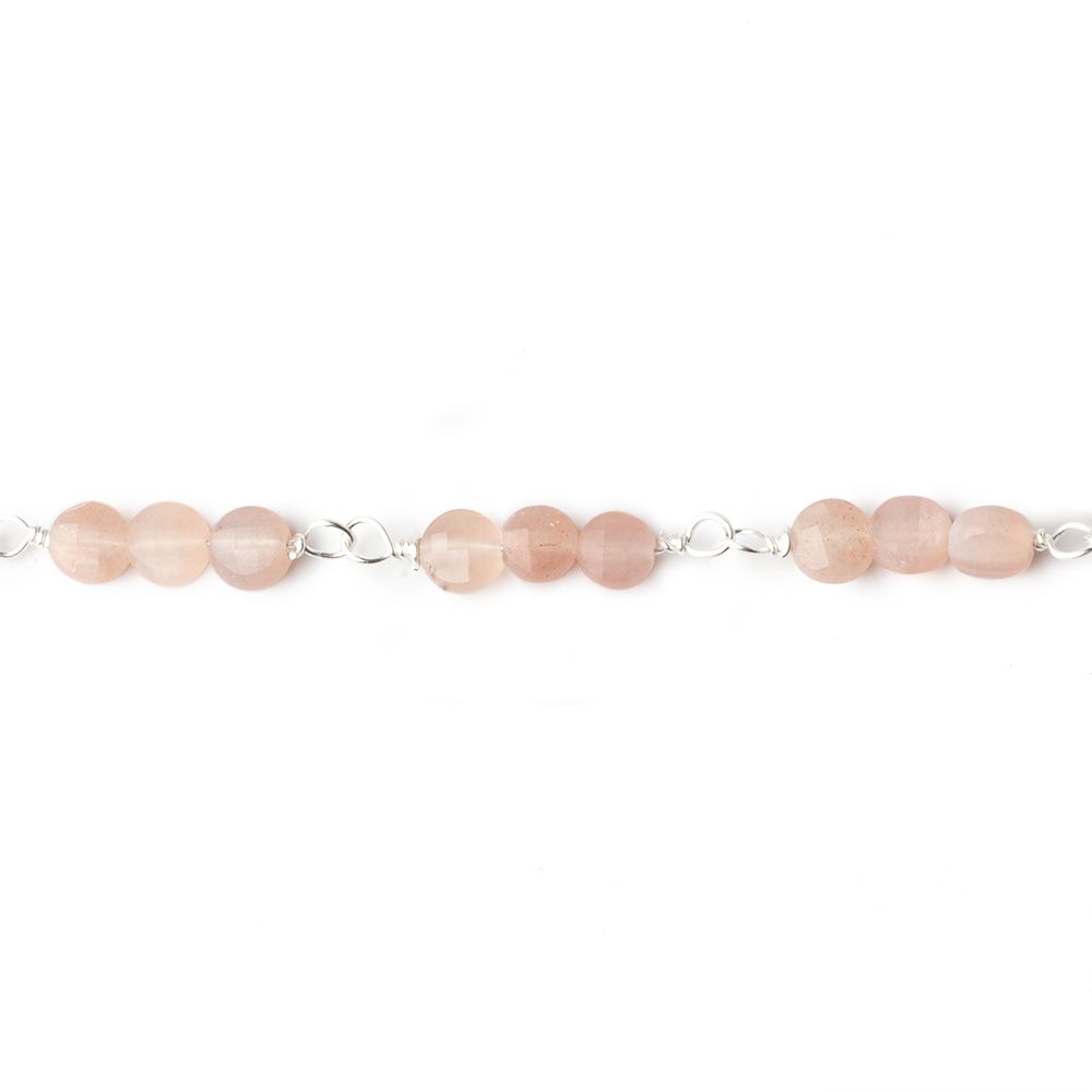 4mm Angel Skin Peach Moonstone faceted coin Trio Silver Chain by the foot 54 beads per length (ONLINE ORDER ONLY)