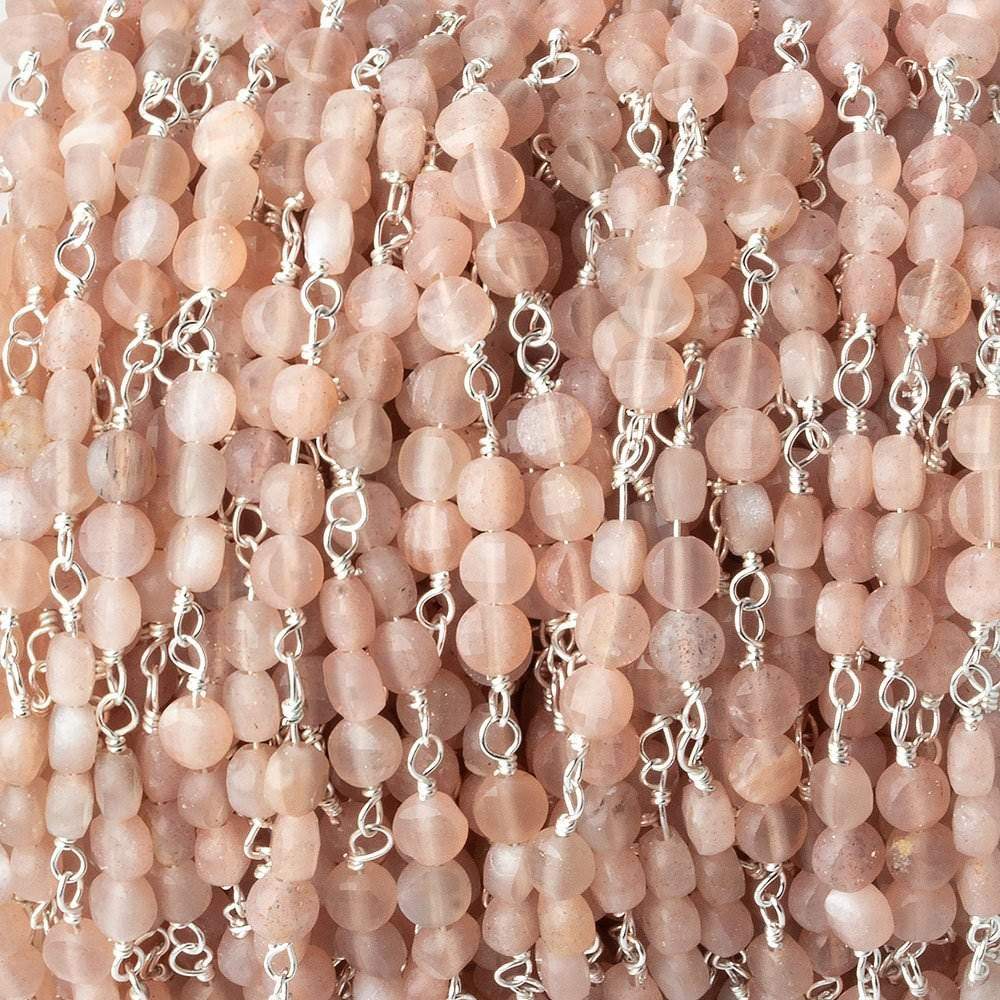 4mm Angel Skin Peach Moonstone faceted coin Trio Silver Chain by the foot 54 beads per length (ONLINE ORDER ONLY)