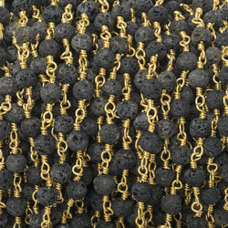 4mm Black Lava Rock plain round Gold Chain by the foot 30 beads (ONLINE ORDER ONLY)