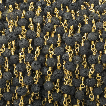 4mm Black Lava Rock plain round Gold Chain by the foot 30 beads (ONLINE ORDER ONLY)