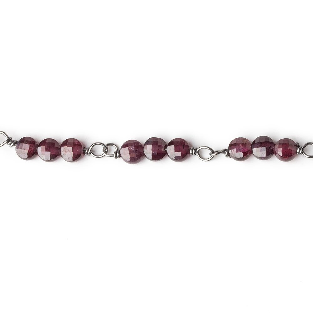 4mm Garnet faceted coin Trio Black Gold Chain by the foot 54 beads per length (ONLINE ORDER ONLY)