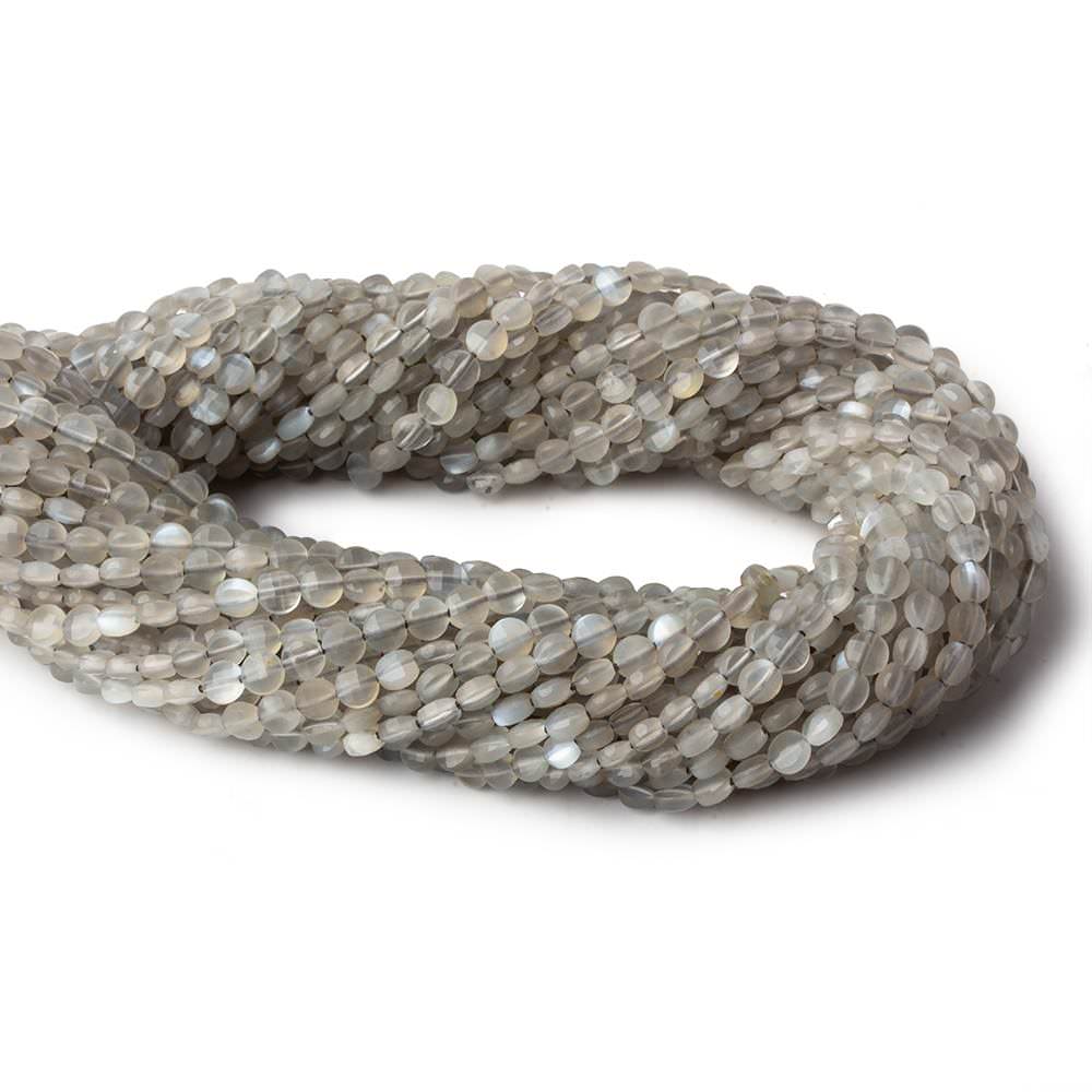 4mm Grey Moonstone checkerboard calibrated faceted coins 12.5 inch 85 beads AAA (ONLINE ORDER ONLY)