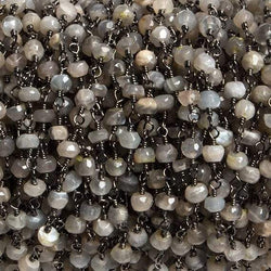 4mm Grey Moonstone faceted rondelle Black Gold Chain by the foot 34 pieces (ONLINE ORDER ONLY)