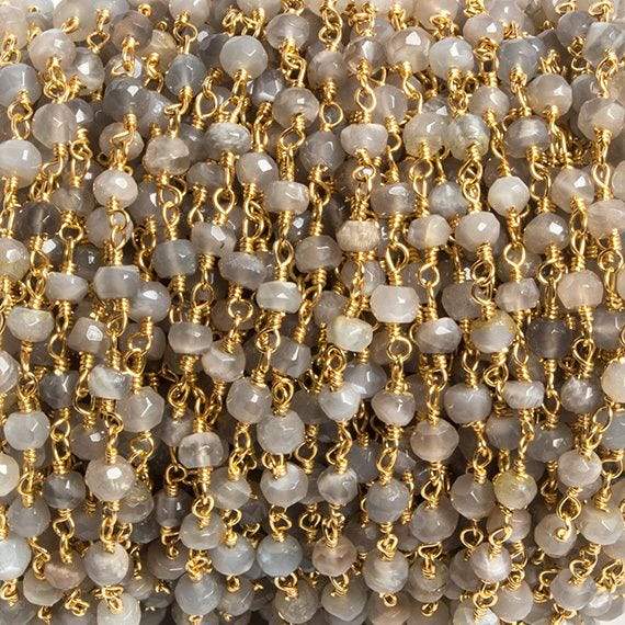 4mm Grey Moonstone faceted rondelle Gold Chain by the foot 34 pieces (ONLINE ORDER ONLY)