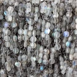 4mm Labradorite faceted coin Trio Black Gold Chain by the foot 54 beads per length (ONLINE ORDER ONLY)