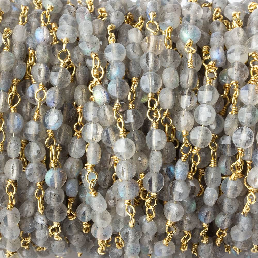 4mm Labradorite faceted coin Trio Gold Plated Chain by the foot 54 beads per length (ONLINE ORDER ONLY)