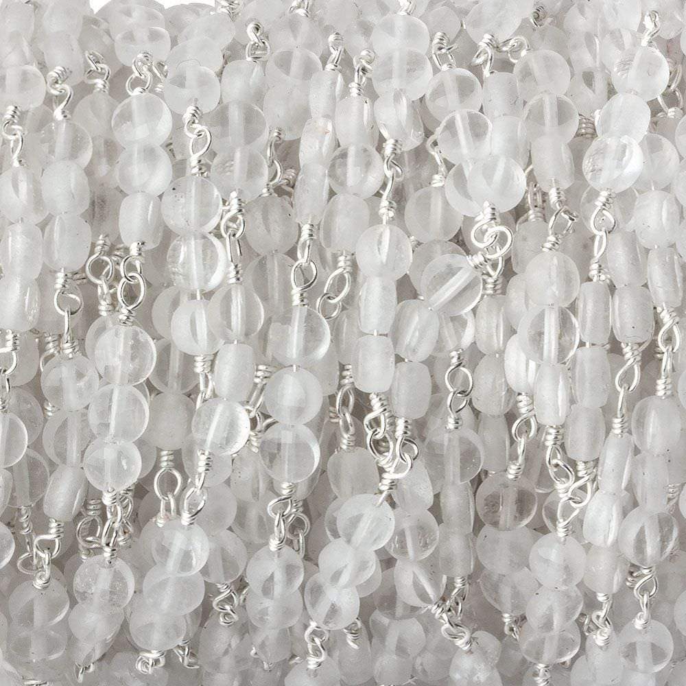 4mm Matte Crystal Quartz faceted coin Trio Silver Chain by the foot 54 beads per length (ONLINE ORDER ONLY)