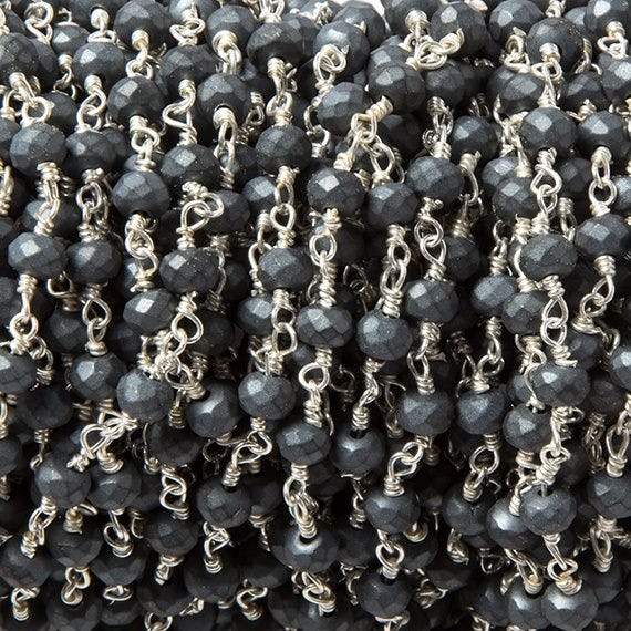 4mm Matte Hematite faceted rondelle Silver plated Chain by the foot 34 pcs (ONLINE ORDER ONLY)