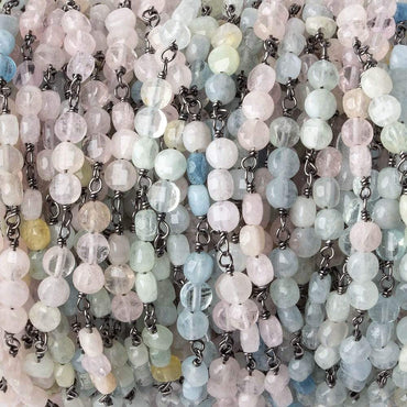 4mm Multi Color Beryl faceted coin Trio Black Gold Chain by the foot 54 beads per length (ONLINE ORDER ONLY)