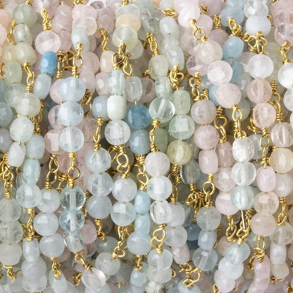 4mm Multi Color Beryl faceted coin Trio Gold Chain by the foot 54 beads per length (ONLINE ORDER ONLY)