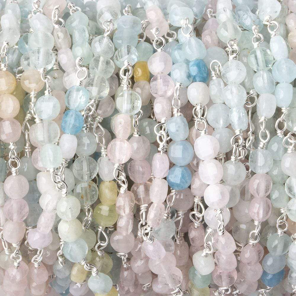 4mm Multi Color Beryl faceted coin Trio Silver Chain by the foot 54 beads per length (ONLINE ORDER ONLY)
