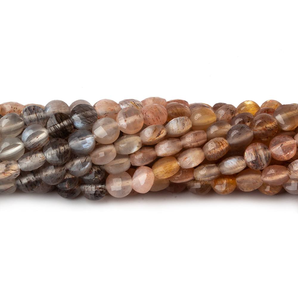 4mm Multi Color Moonstone checkerboard calibrated faceted coins 12.5 inch 85 beads AAA (ONLINE ORDER ONLY)