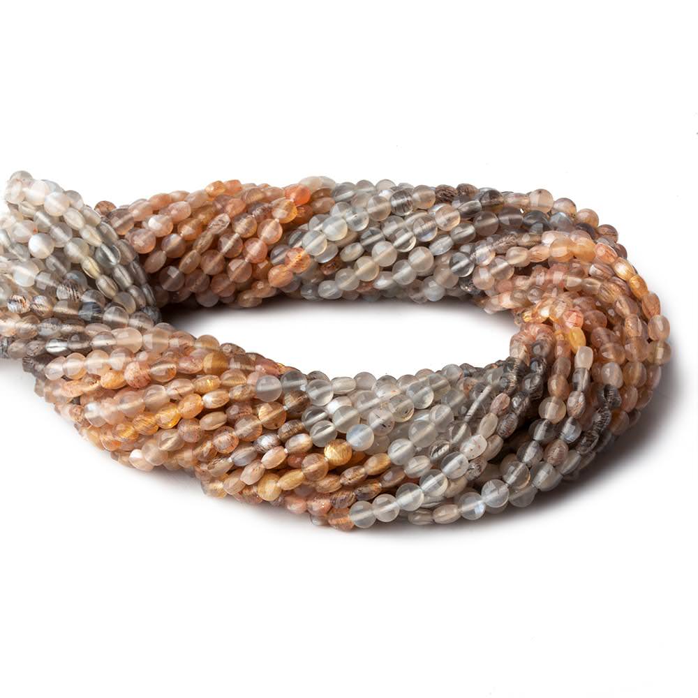 4mm Multi Color Moonstone checkerboard calibrated faceted coins 12.5 inch 85 beads AAA (ONLINE ORDER ONLY)