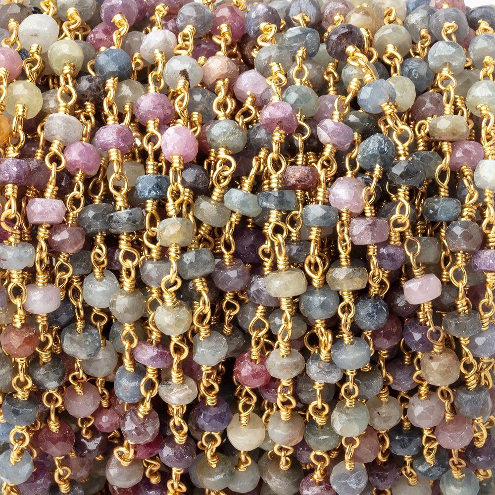 4mm Multi Color Sapphire Faceted Rondelles on Gold Plated Chain (ONLINE ORDER ONLY)