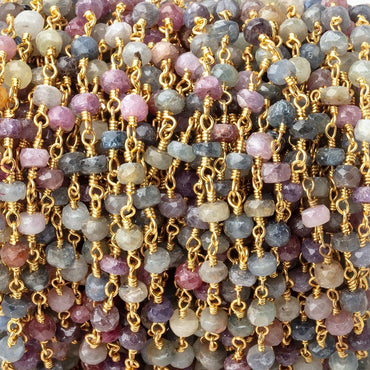 4mm Multi Color Sapphire Faceted Rondelles on Gold Plated Chain (ONLINE ORDER ONLY)