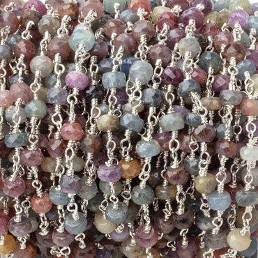 4mm Multi Color Sapphire Faceted Rondelles on Silver Plated Chain (ONLINE ORDER ONLY)
