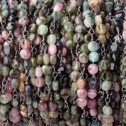 4mm Multi Color Tourmaline Faceted Coin Trio Black Gold Chain by the Foot 51 beads (ONLINE ORDER ONLY)