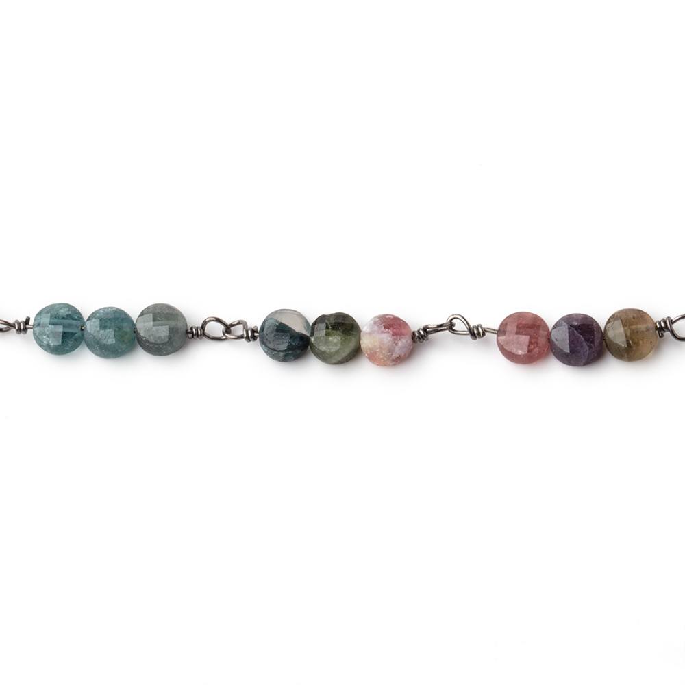4mm Multi Color Tourmaline Faceted Coin Trio Black Gold Chain by the Foot 51 beads (ONLINE ORDER ONLY)