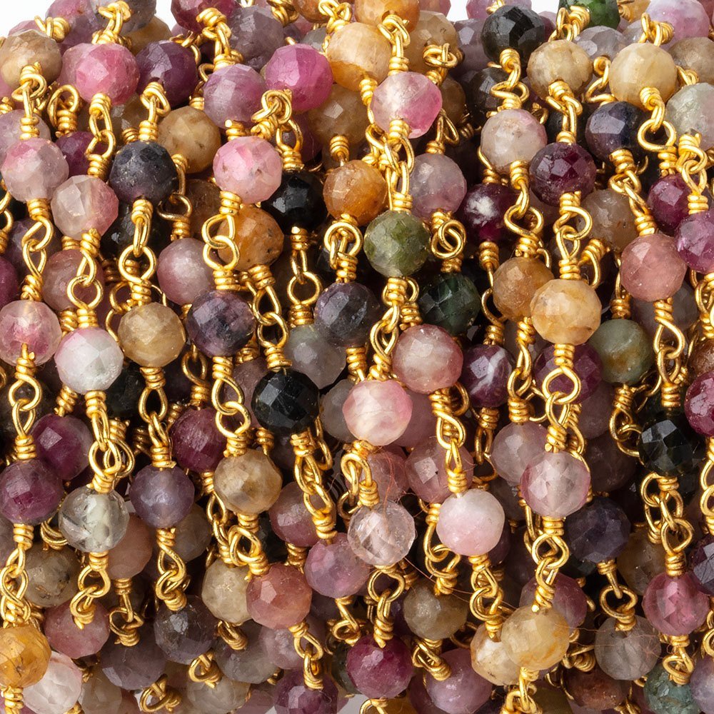 4mm Multi Color Tourmaline Micro Faceted Round on Gold Plated Chain (ONLINE ORDER ONLY)