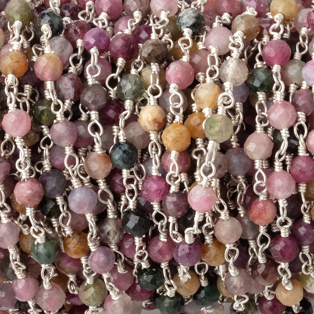 4mm Multi Color Tourmaline Micro Faceted Round on Silver Plated Chain (ONLINE ORDER ONLY)