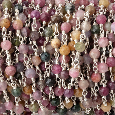 4mm Multi Color Tourmaline Micro Faceted Round on Silver Plated Chain (ONLINE ORDER ONLY)