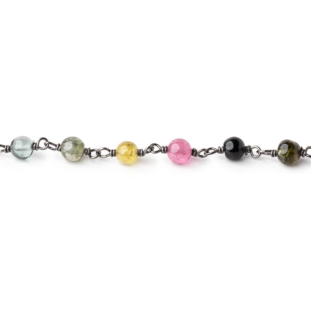 4mm Multi Color Tourmaline Plain Rounds on Black Gold Chain by the foot 35 beads (ONLINE ORDER ONLY)
