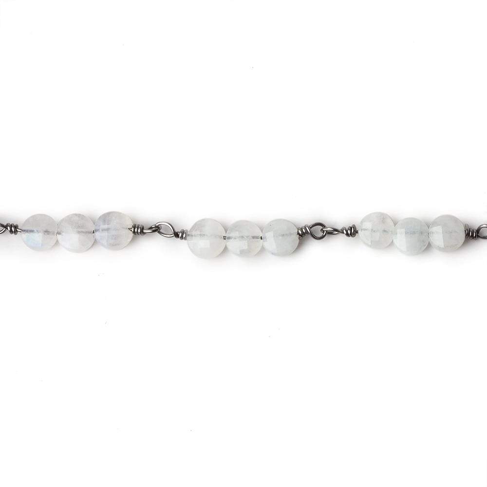 4mm Rainbow Moonstone faceted coin Trio Black Gold Chain by the foot 54 beads per length (ONLINE ORDER ONLY)