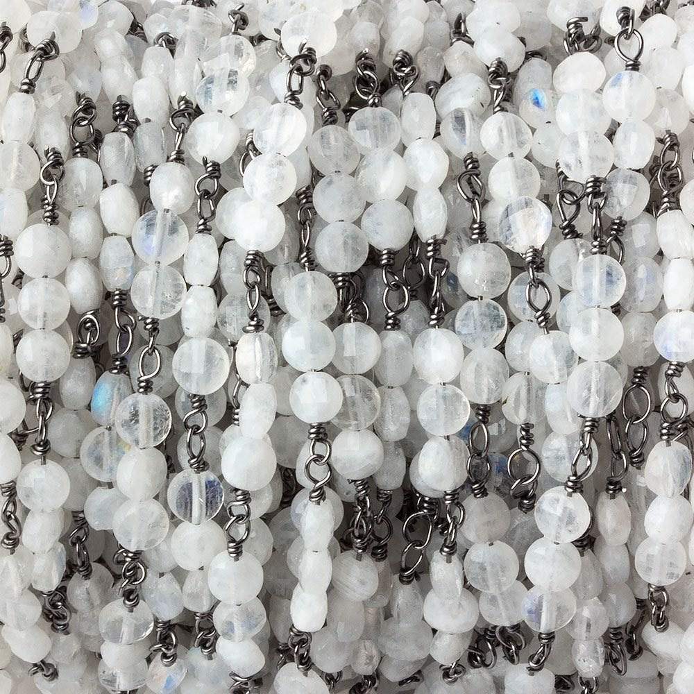 4mm Rainbow Moonstone faceted coin Trio Black Gold Chain by the foot 54 beads per length (ONLINE ORDER ONLY)