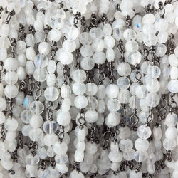 4mm Rainbow Moonstone faceted coin Trio Black Gold Chain by the foot 54 beads per length (ONLINE ORDER ONLY)