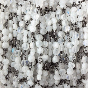 4mm Rainbow Moonstone faceted coin Trio Black Gold Chain by the foot 54 beads per length (ONLINE ORDER ONLY)