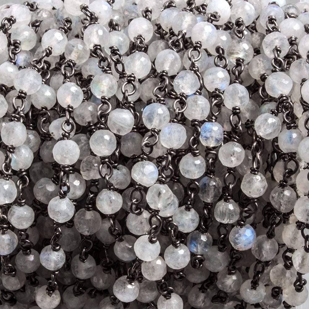 4mm Rainbow Moonstone faceted round Black Gold plated Silver Chain by the foot (ONLINE ORDER ONLY)