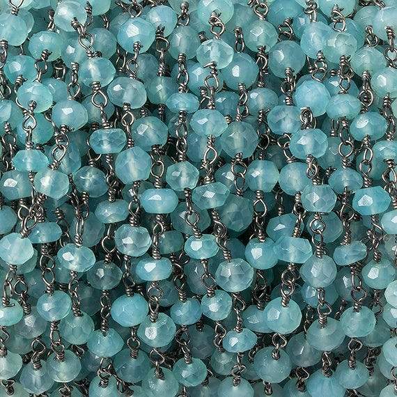 4-4.5mm Seafoam Blue Chalcedony faceted rondelle Black Gold Chain by the foot 32 beads (ONLINE ORDER ONLY)