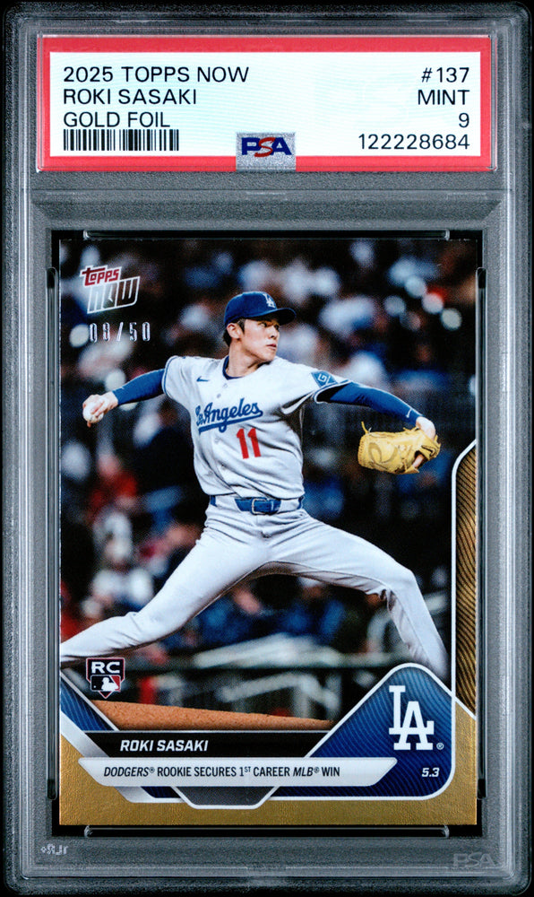 Graded 2025 Topps Now Roki Sasaki #137 Gold Foil /50 Rookie RC Baseball Card PSA 9 Mint (ONLINE ORDER ONLY)