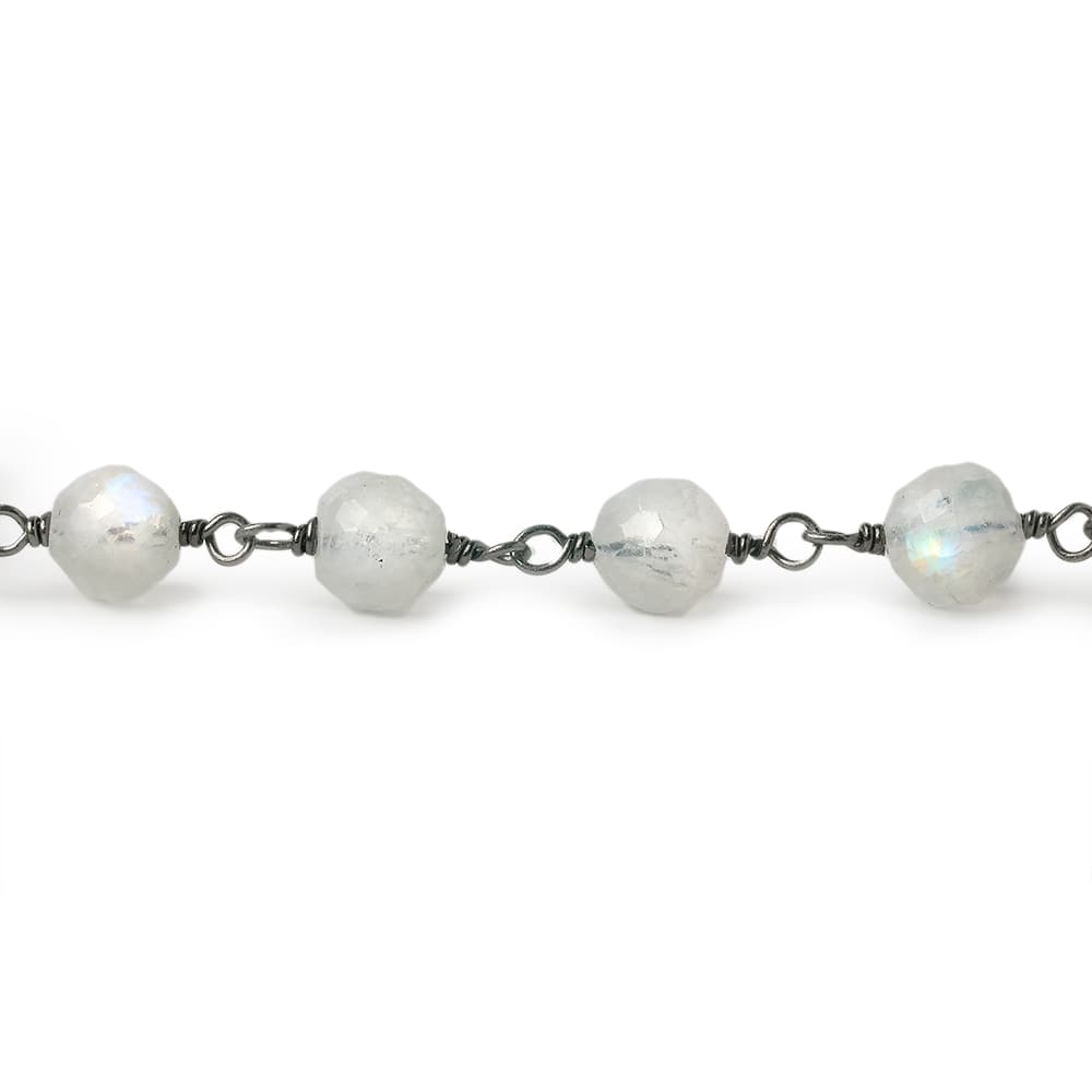 5-6mm Rainbow Moonstone faceted round Black Gold .925 Sterling Silver Chain by the foot 27 pieces (ONLINE ORDER ONLY)