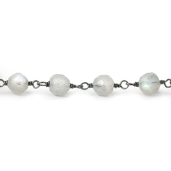 5-6mm Rainbow Moonstone faceted round Black Gold .925 Sterling Silver Chain by the foot 27 pieces (ONLINE ORDER ONLY)