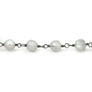 5-6mm Rainbow Moonstone faceted round Black Gold .925 Sterling Silver Chain by the foot 27 pieces (ONLINE ORDER ONLY)