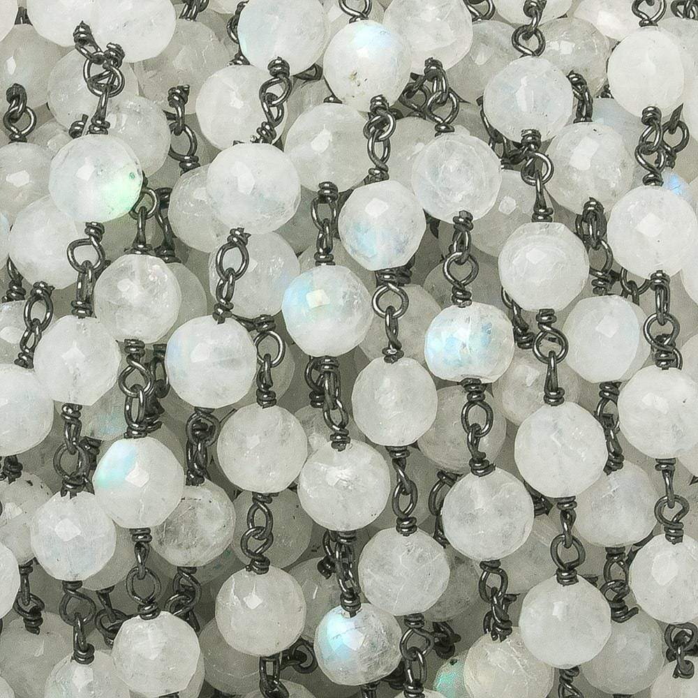 5-6mm Rainbow Moonstone faceted round Black Gold .925 Sterling Silver Chain by the foot 27 pieces (ONLINE ORDER ONLY)