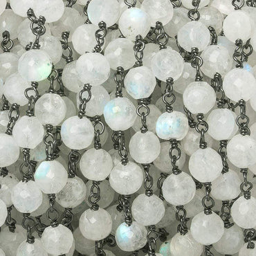 5-6mm Rainbow Moonstone faceted round Black Gold .925 Sterling Silver Chain by the foot 27 pieces (ONLINE ORDER ONLY)