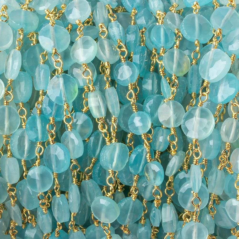 5-6mm Sea Blue Chalcedony faceted coin Gold Chain by the foot 27 beads (ONLINE ORDER ONLY)