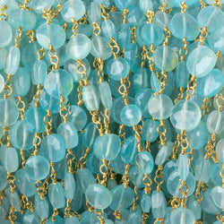 5-6mm Sea Blue Chalcedony faceted coin Gold Chain by the foot 27 beads (ONLINE ORDER ONLY)