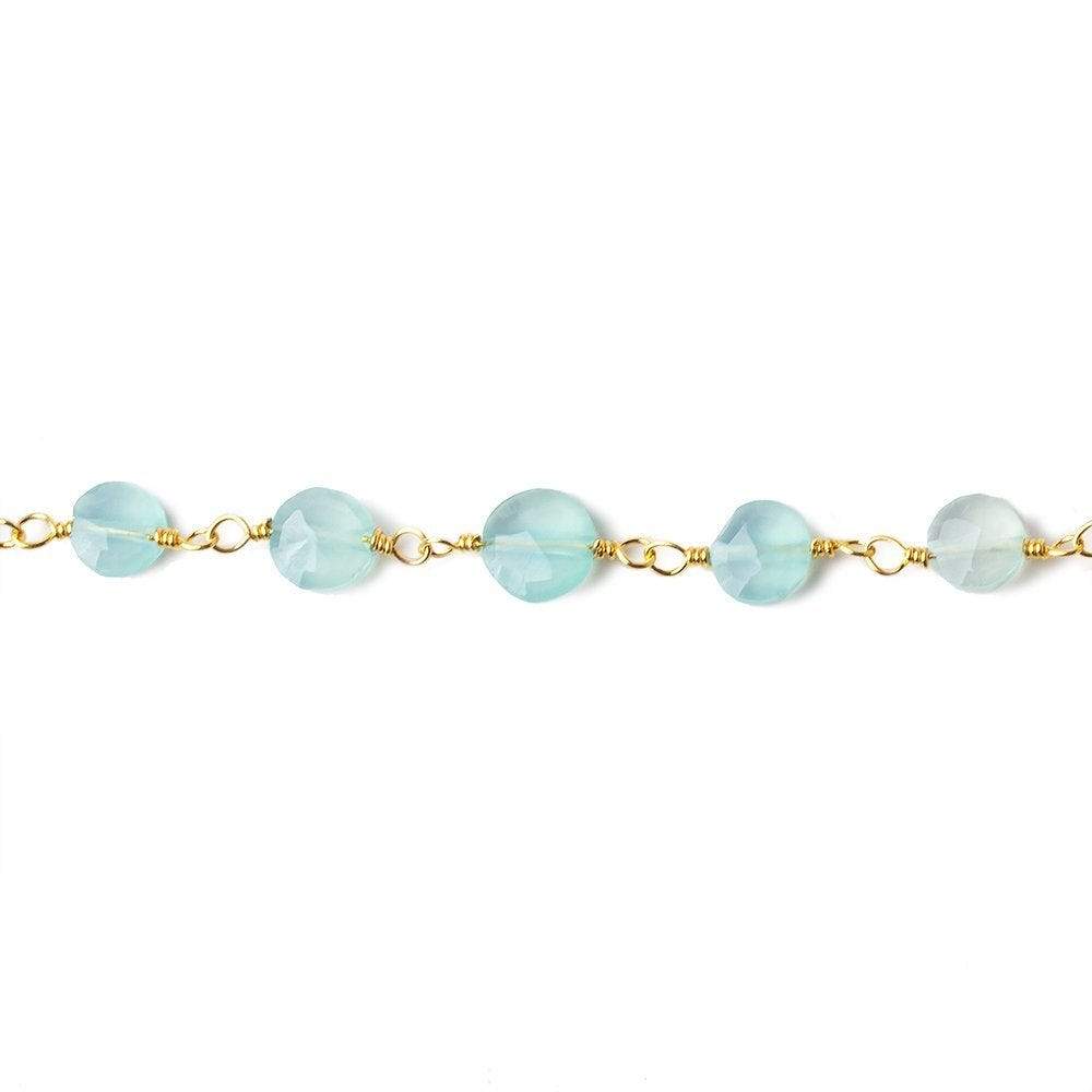 5-6mm Sea Blue Chalcedony faceted coin Gold Chain by the foot 27 beads (ONLINE ORDER ONLY)