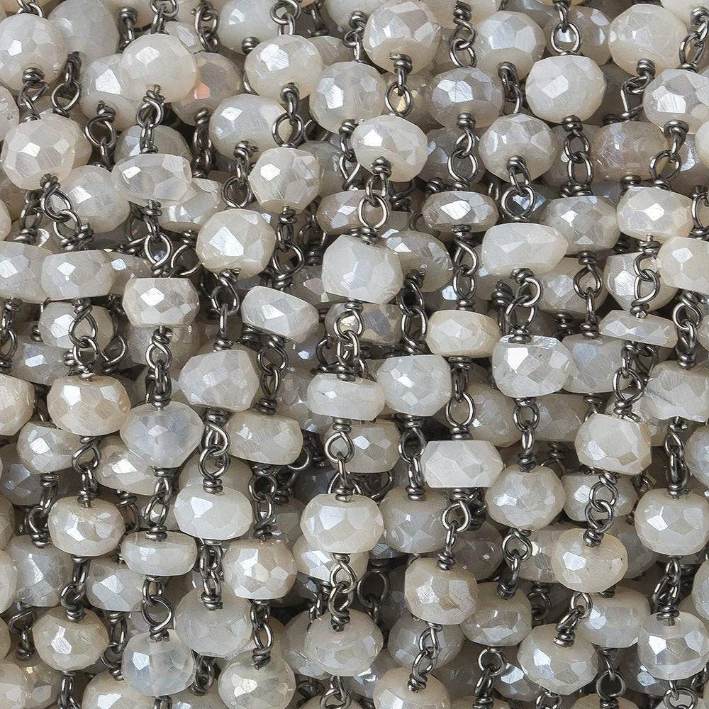 5-6mm Silver Mystic White Moonstone faceted rondelle Black Gold .925 Silver Chain by the foot 35 beads (ONLINE ORDER ONLY)
