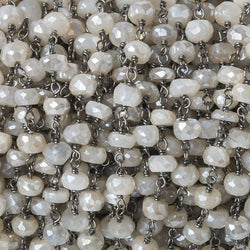 5-6mm Silver Mystic White Moonstone faceted rondelle Black Gold .925 Silver Chain by the foot 35 beads (ONLINE ORDER ONLY)