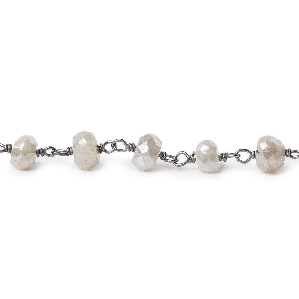5-6mm Silver Mystic White Moonstone faceted rondelle Black Gold .925 Silver Chain by the foot 35 beads (ONLINE ORDER ONLY)
