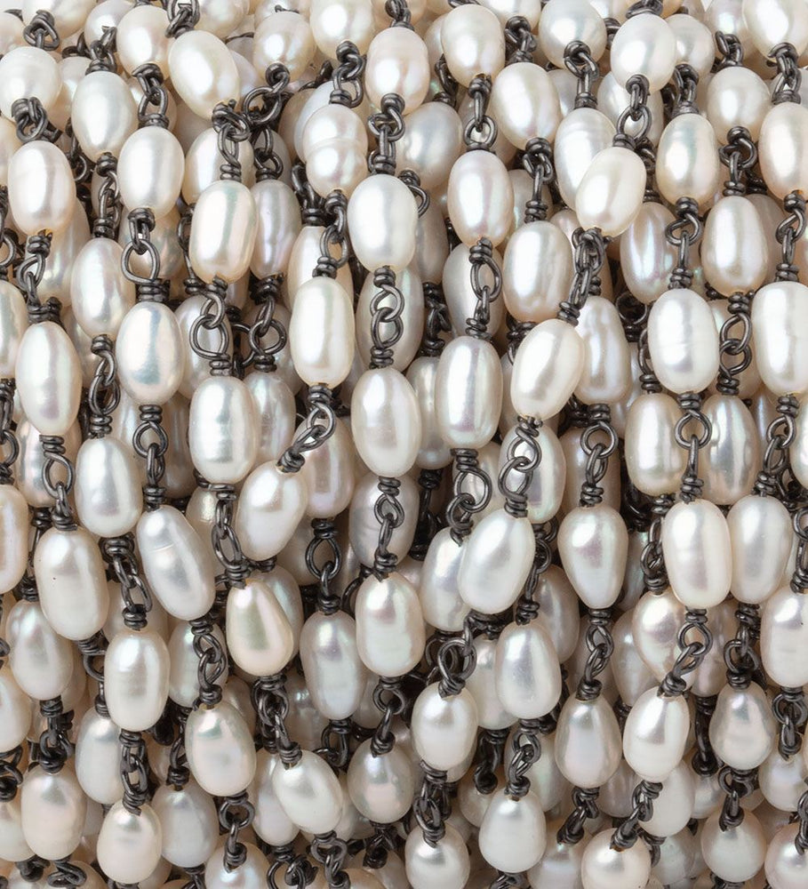 5-6mm White Oval Freshwater Pearls on Black Gold .925 Chain (ONLINE ORDER ONLY)