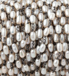 5-6mm White Oval Freshwater Pearls on Black Gold .925 Chain (ONLINE ORDER ONLY)