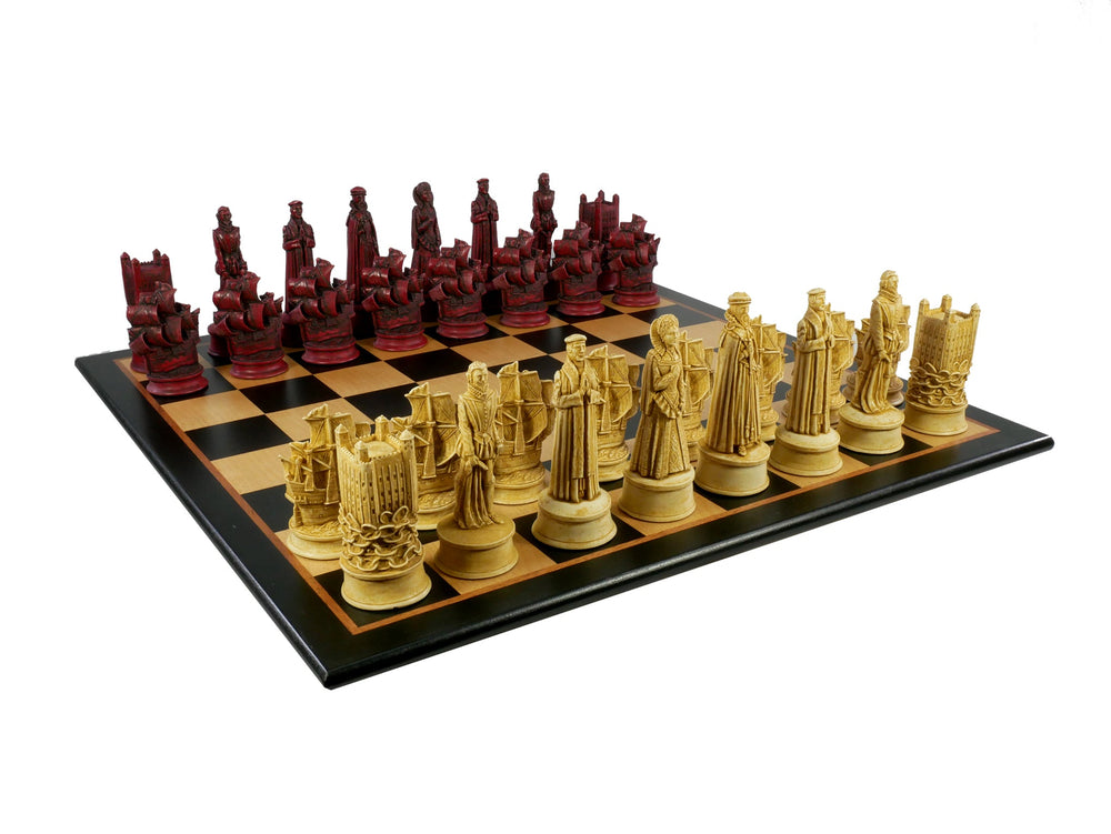 Chess Set - Resin - 5" Stained Red & Ivory Elizabethan Chess Pieces on Black & Birdseye Maple Veneer Chess Board (ONLINE ORDER ONLY)