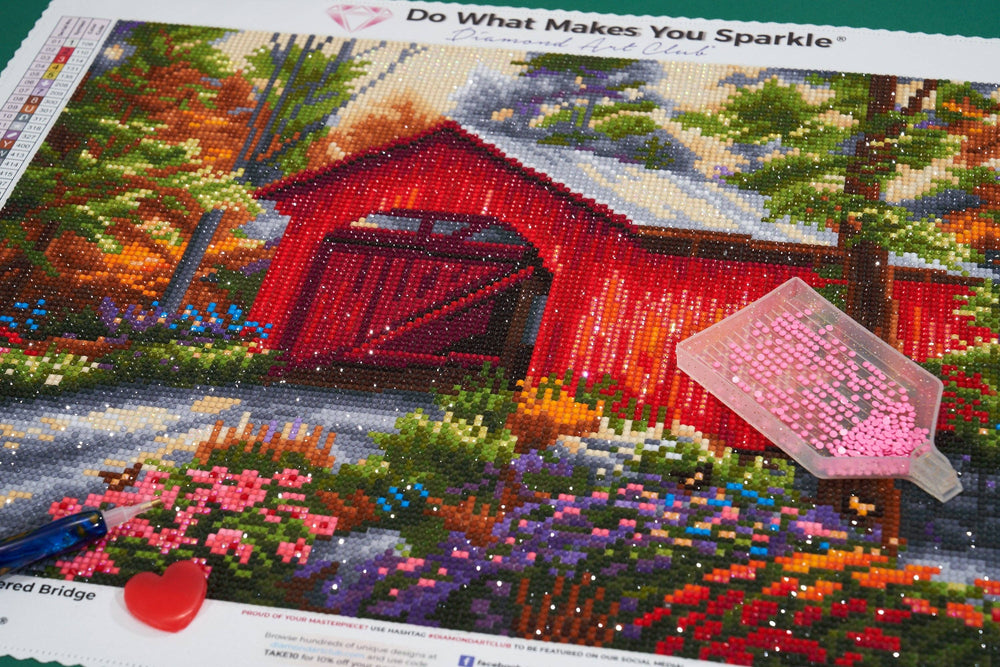 Diamond Art Club – Red Covered Bridge Diamond Painting (Round Drill, 17" x 13") (ONLINE ORDER ONLY)