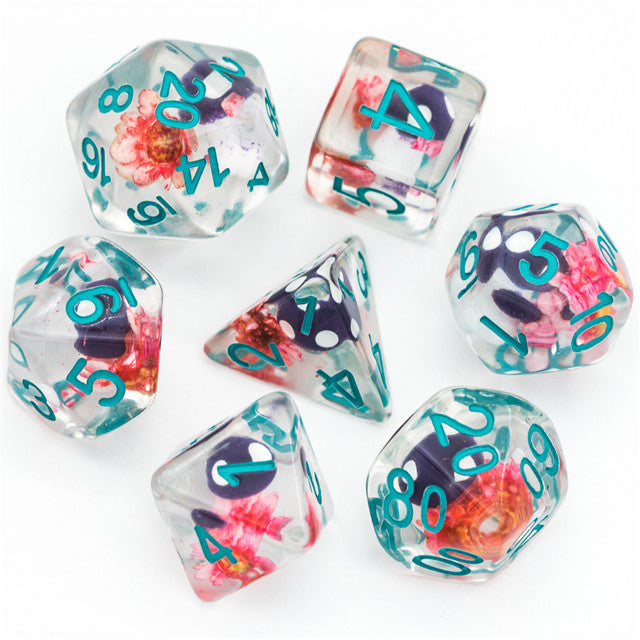 Purple Mushroom Dice Clear Pink Flower w/Teal Numbers 7-Dice Set Rpg (Online Only)