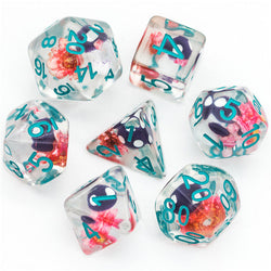 Purple Mushroom Dice Clear Pink Flower w/Teal Numbers 7-Dice Set Rpg (Online Only)